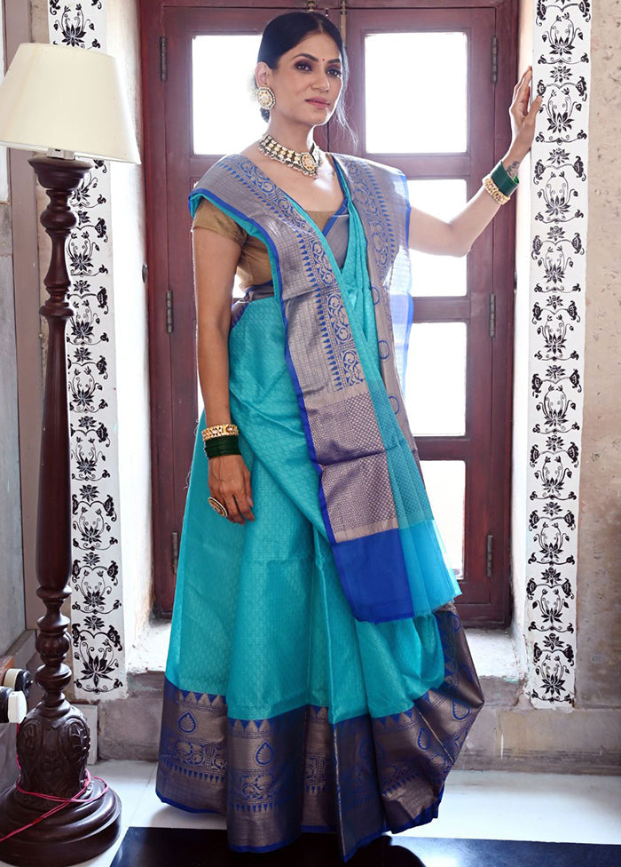 Turquoise Blue Silk Saree With Blouse Piece - Indian Silk House Agencies