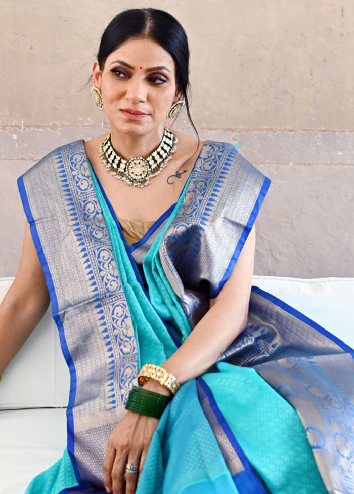 Turquoise Blue Silk Saree With Blouse Piece - Indian Silk House Agencies