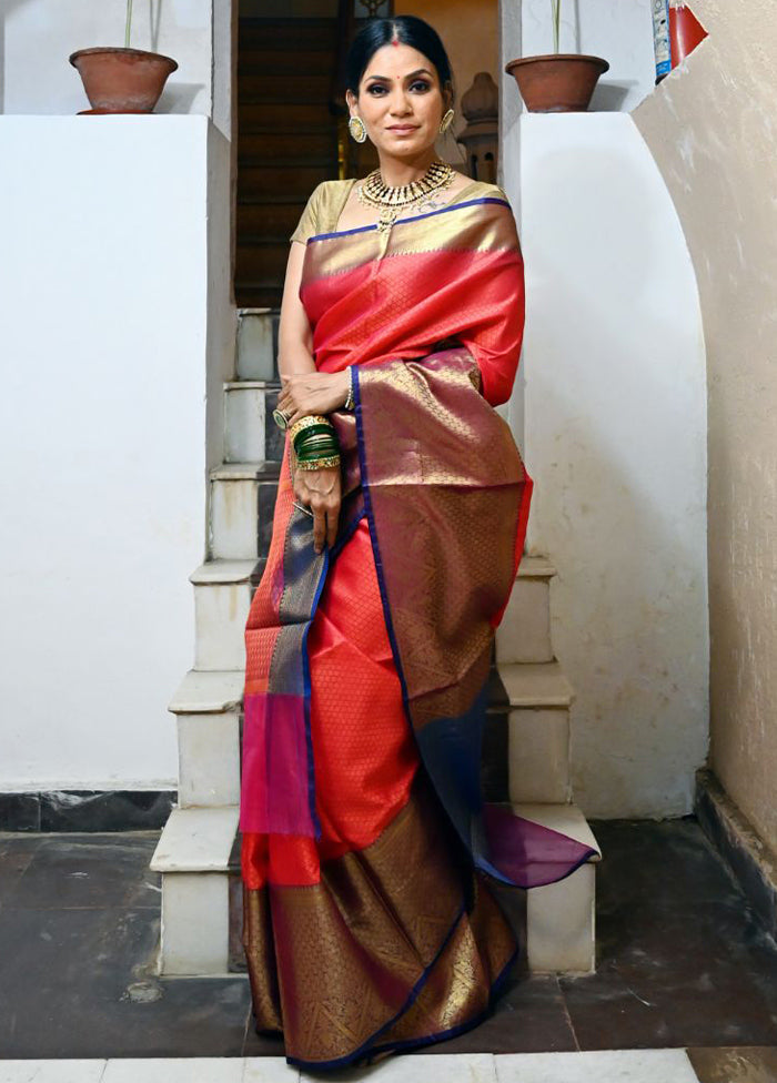 Orange Silk Saree With Blouse Piece - Indian Silk House Agencies