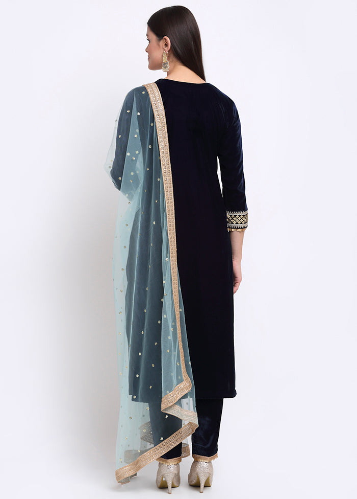 Blue 3 Pc Velvet Suit Set With Dupatta VDANO001280754 - Indian Silk House Agencies