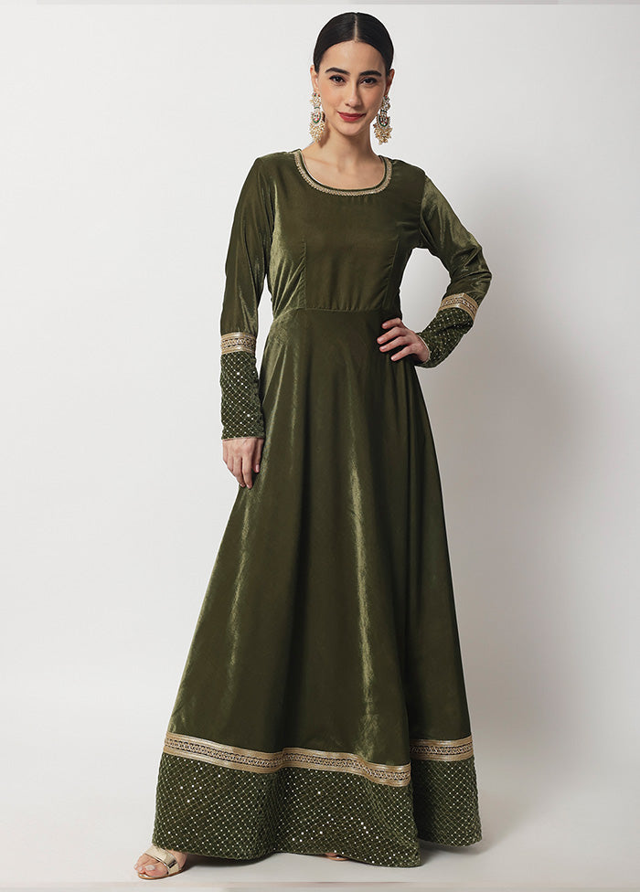 2 Pc Olive Green Readymade Velvet Gown VDANO2903288 - Indian Silk House Agencies