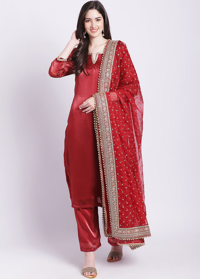 3 Pc Maroon Readymade Net Suit Set