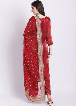 3 Pc Maroon Readymade Net Suit Set