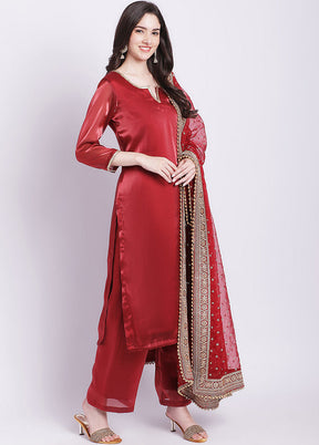 3 Pc Maroon Readymade Net Suit Set