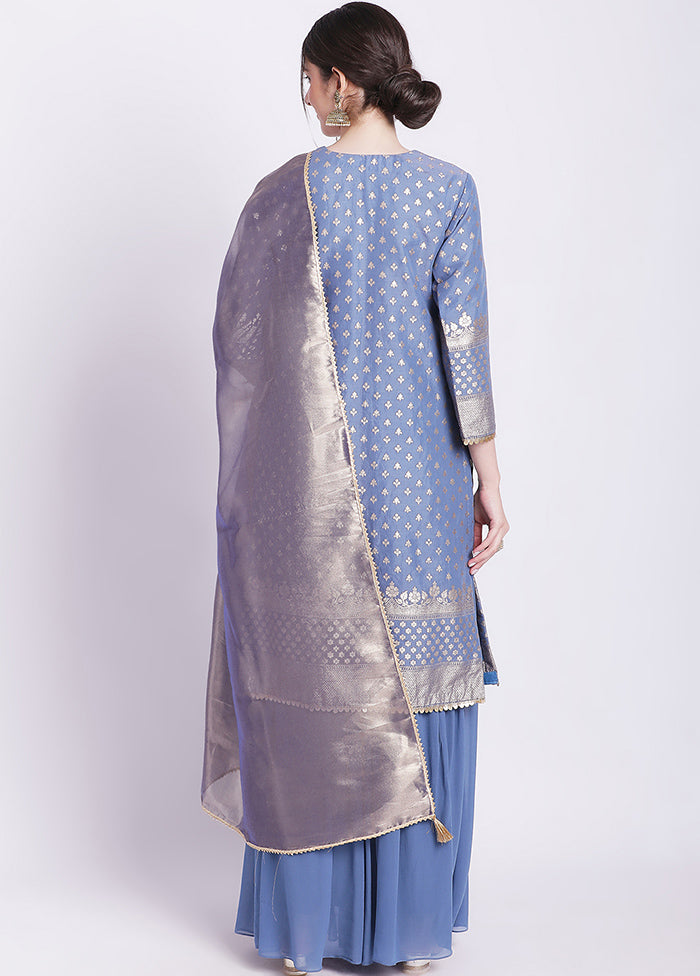 3 Pc Blue Readymade Chanderi Suit Set - Indian Silk House Agencies