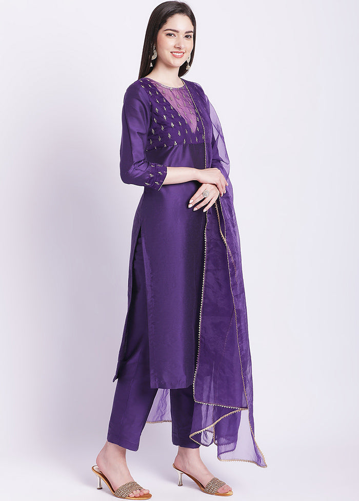 3 Pc Purple Readymade Silk Suit Set