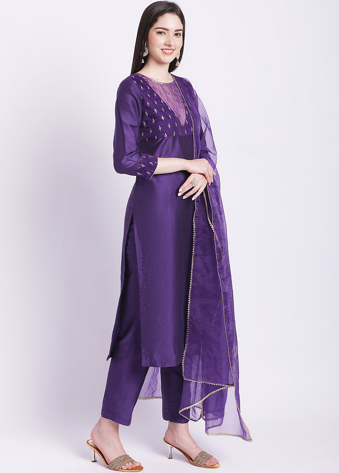 3 Pc Purple Readymade Silk Suit Set - Indian Silk House Agencies