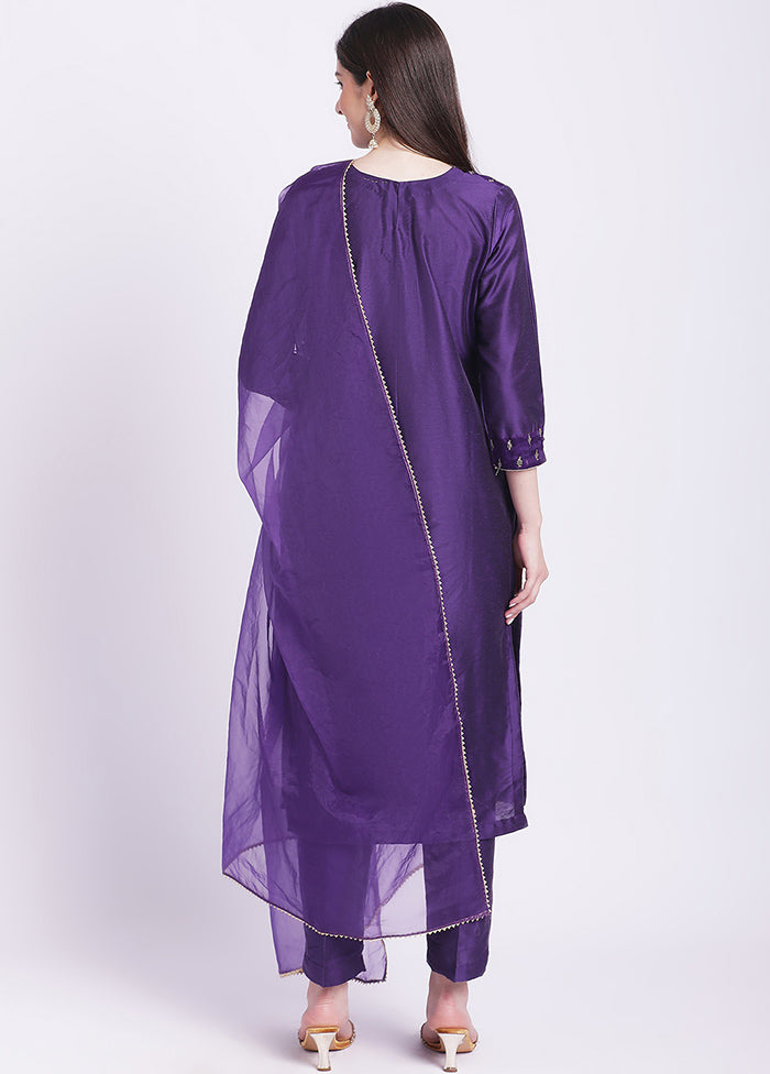 3 Pc Purple Readymade Silk Suit Set - Indian Silk House Agencies