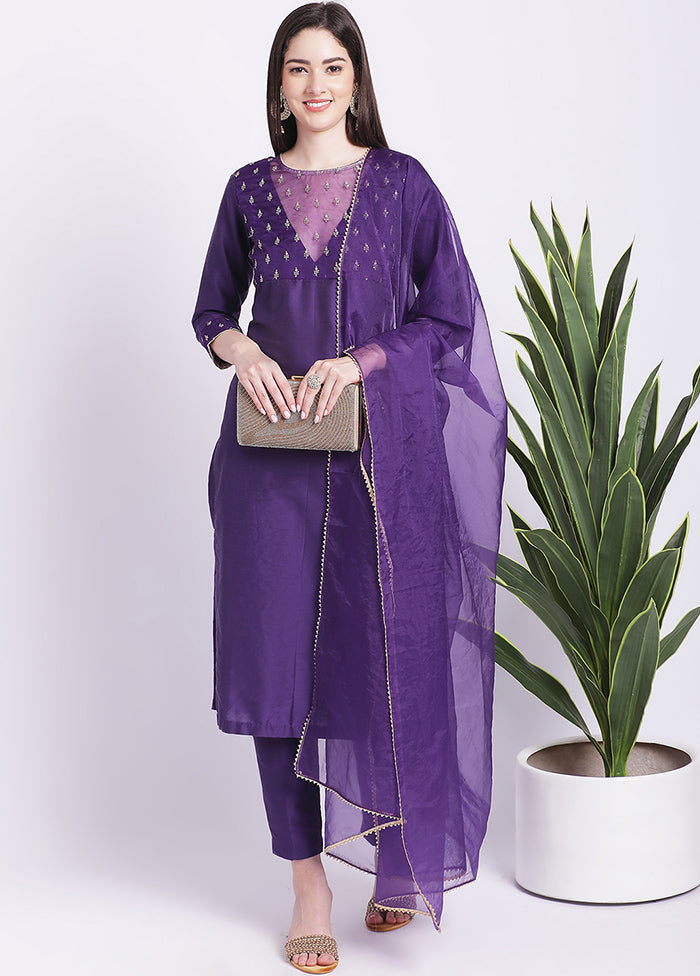 3 Pc Purple Readymade Silk Suit Set