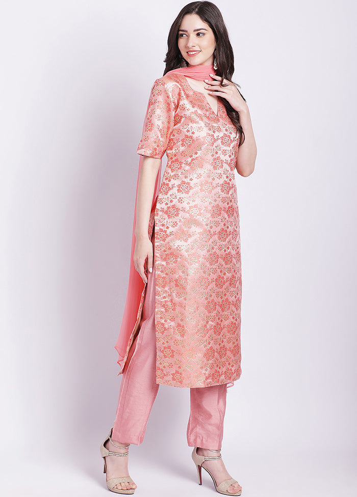 3 Pc Peach Readymade Silk Suit Set