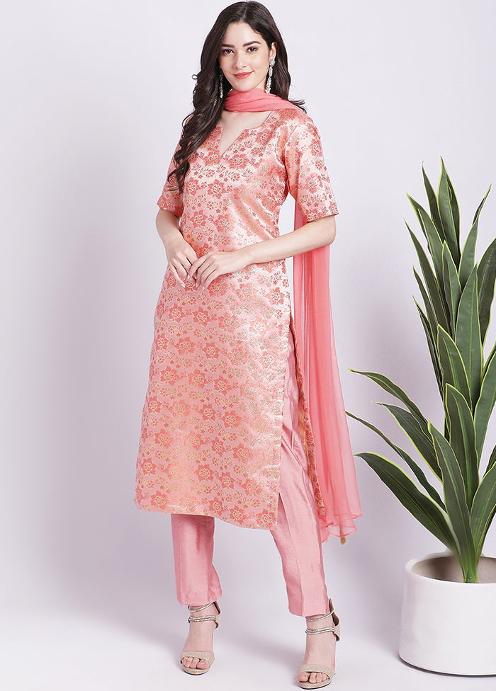 3 Pc Peach Readymade Silk Suit Set