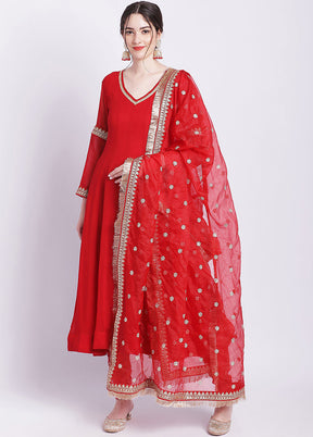 3 Pc Red Readymade Cotton Suit Set