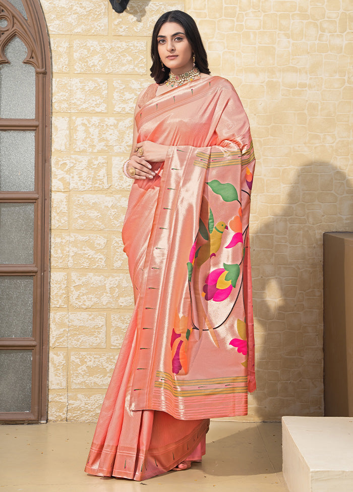 Peach Spun Silk Saree With Blouse Piece