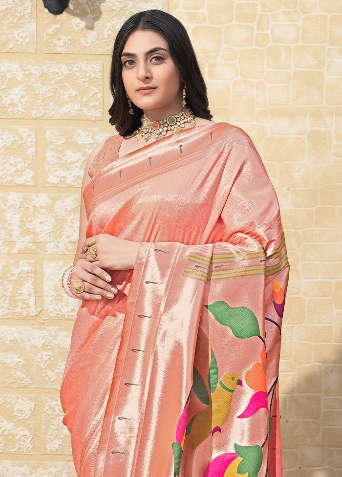 Peach Spun Silk Saree With Blouse Piece