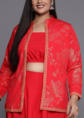 3 Pc Red Readymade Silk Jacket Suit Set