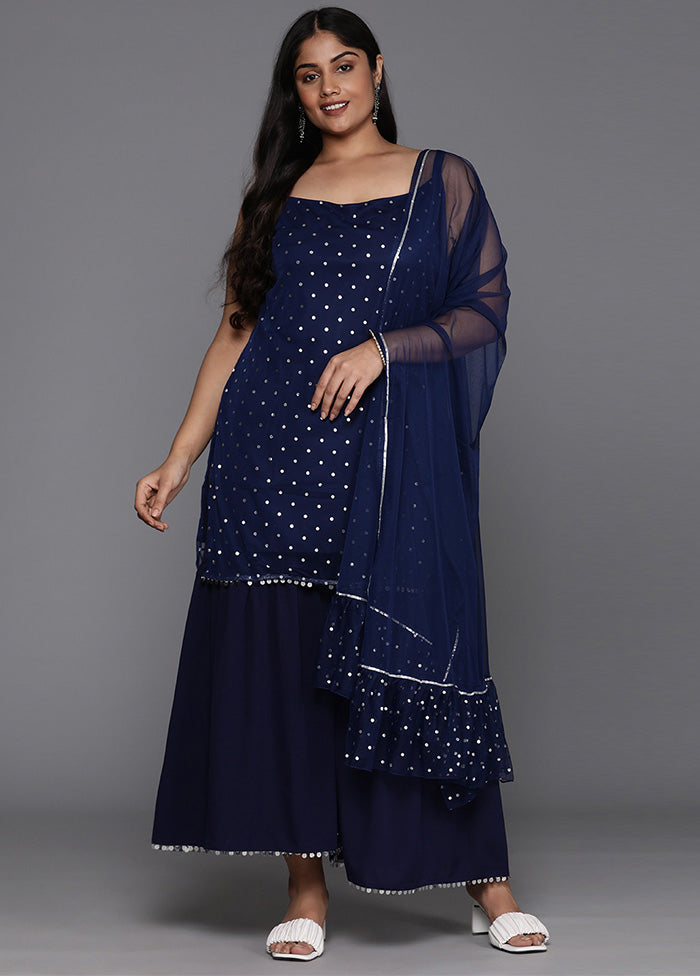 3 Pc Navy Blue Readymade Net Dupatta Suit Set