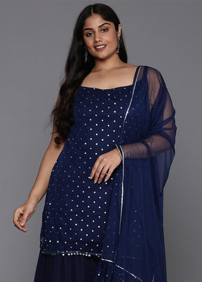 3 Pc Navy Blue Readymade Net Dupatta Suit Set