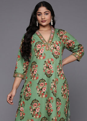 2 Pc Green Readymade Silk Kurti Set