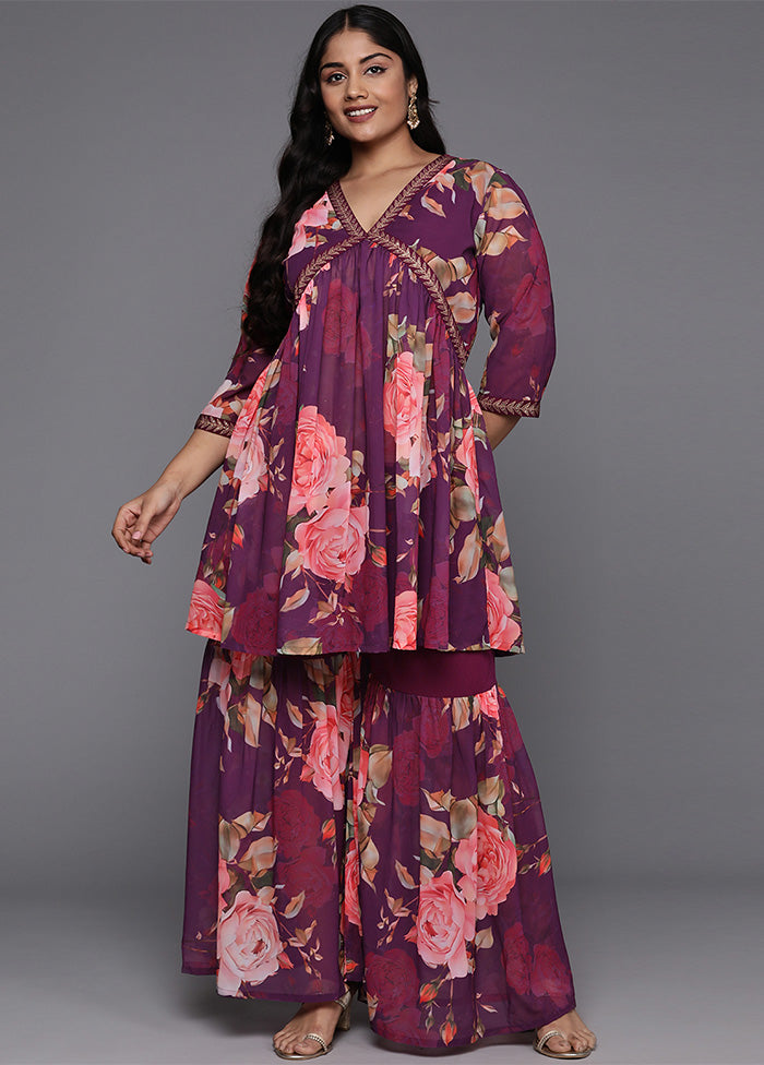 2 Pc Purple Readymade Georgette Kurti Set