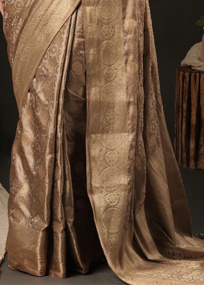 Brown Satin Silk Saree With Blouse Piece