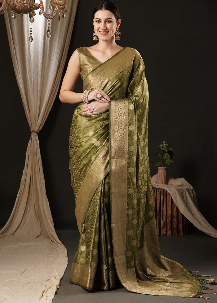 Olive Green Satin Silk Saree With Blouse Piece