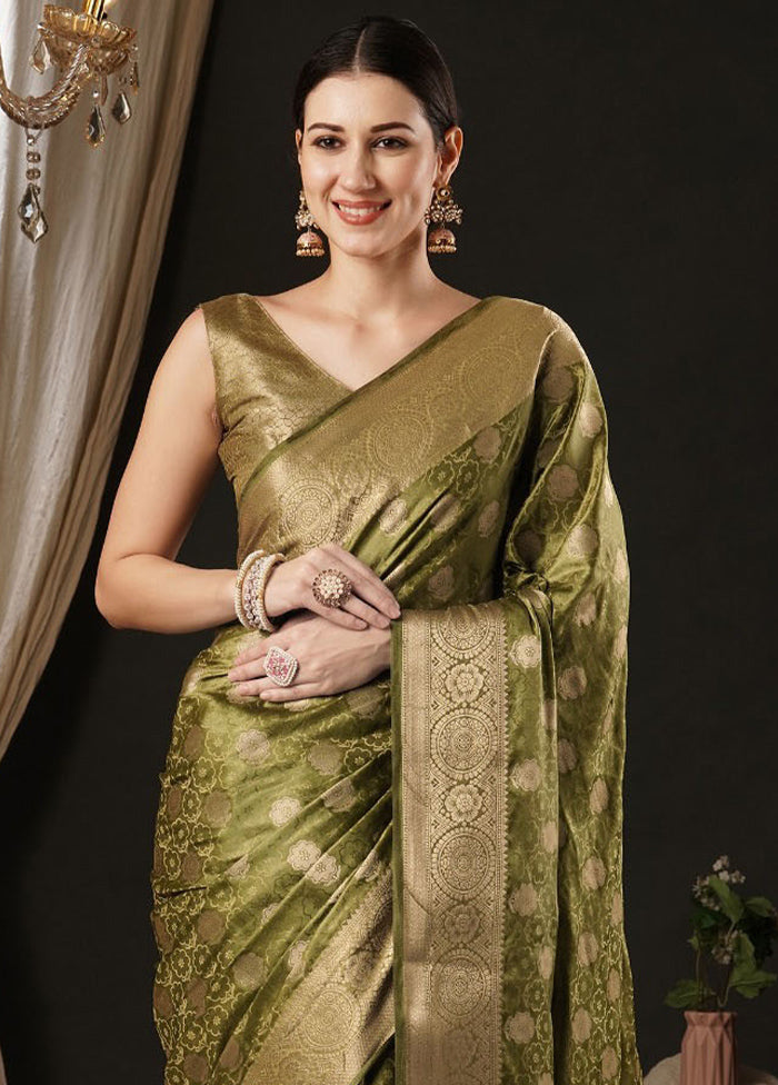 Olive Green Satin Silk Saree With Blouse Piece