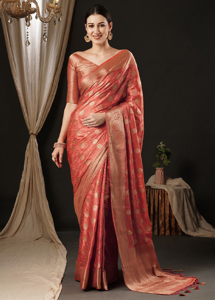 Peach Satin Silk Saree With Blouse Piece