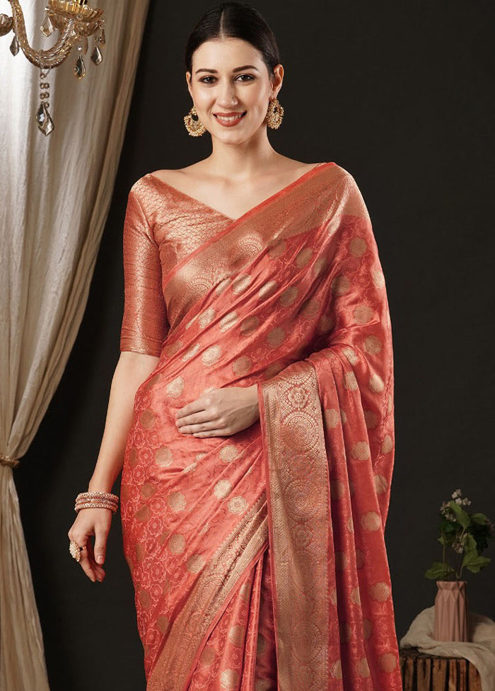 Peach Satin Silk Saree With Blouse Piece