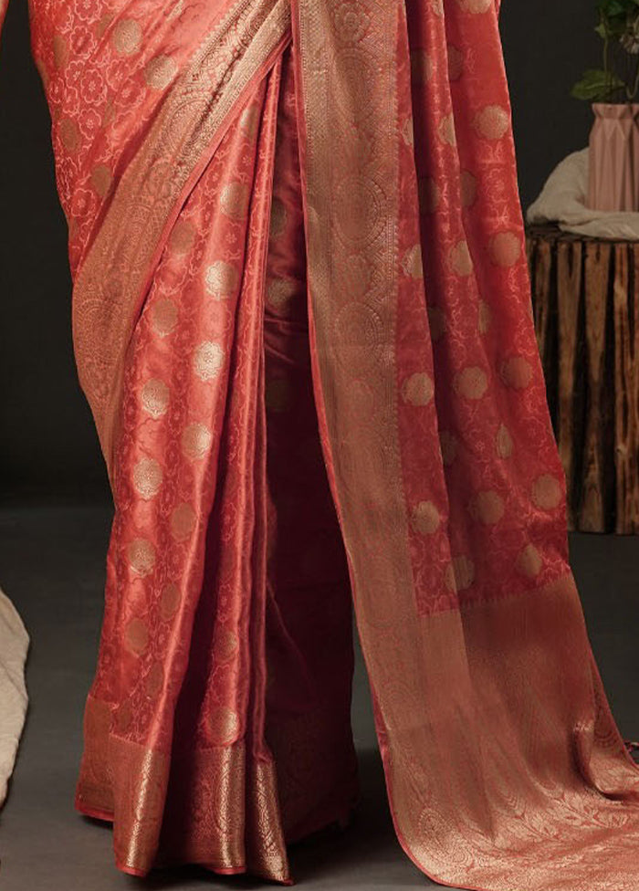 Peach Satin Silk Saree With Blouse Piece