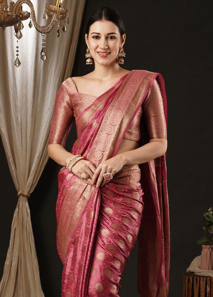 Pink Satin Silk Saree With Blouse Piece