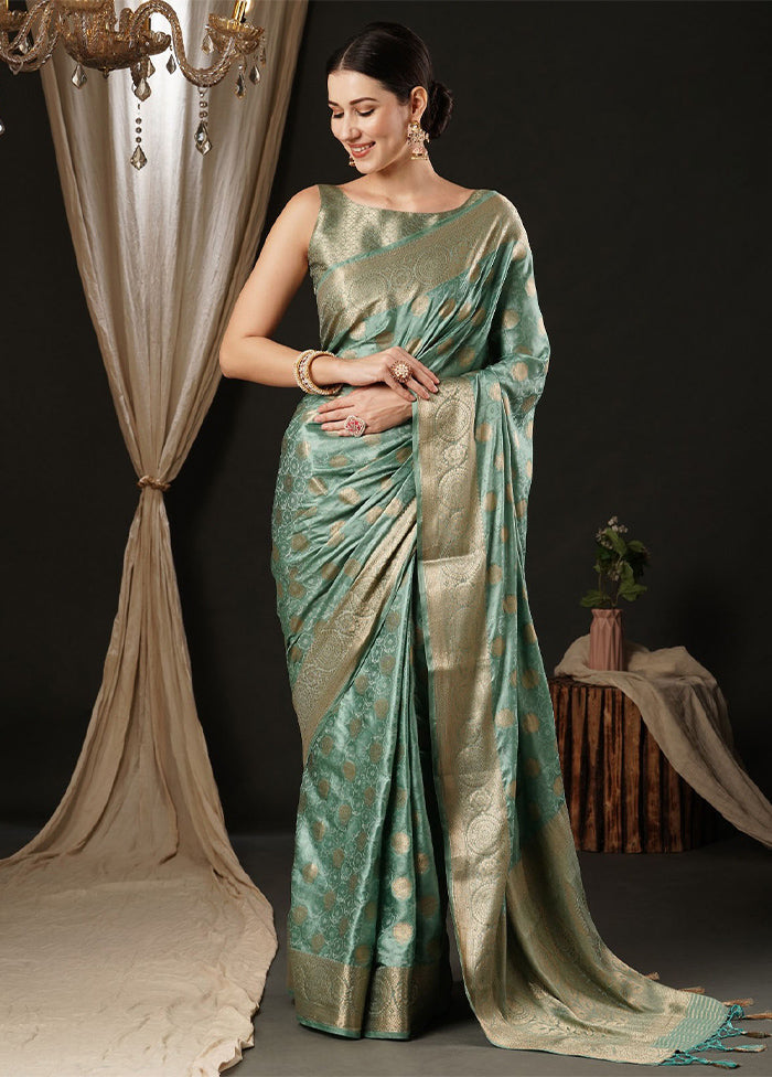 Turquoise Satin Silk Saree With Blouse Piece