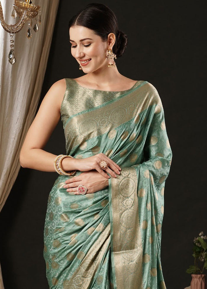 Turquoise Satin Silk Saree With Blouse Piece