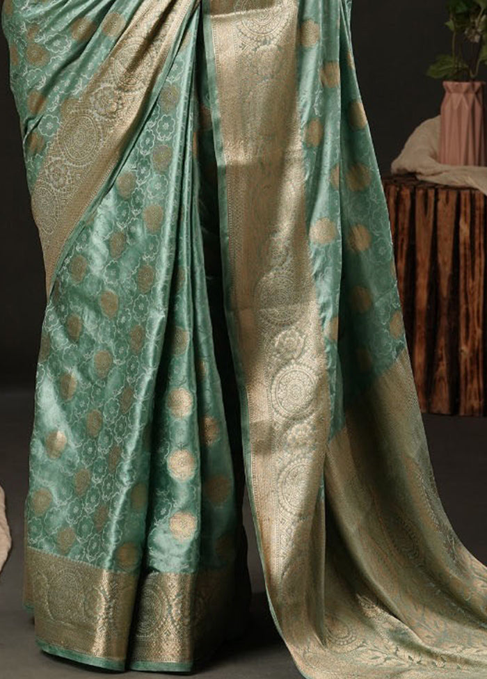 Turquoise Satin Silk Saree With Blouse Piece