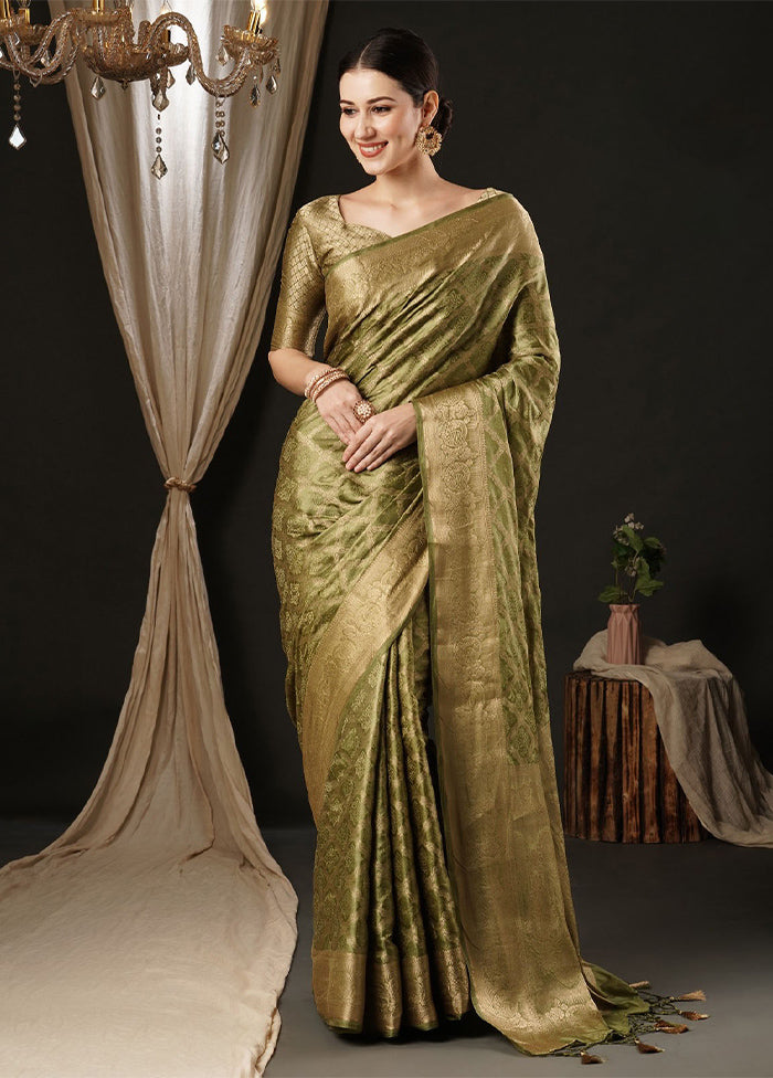 Olive Green Satin Silk Saree With Blouse Piece