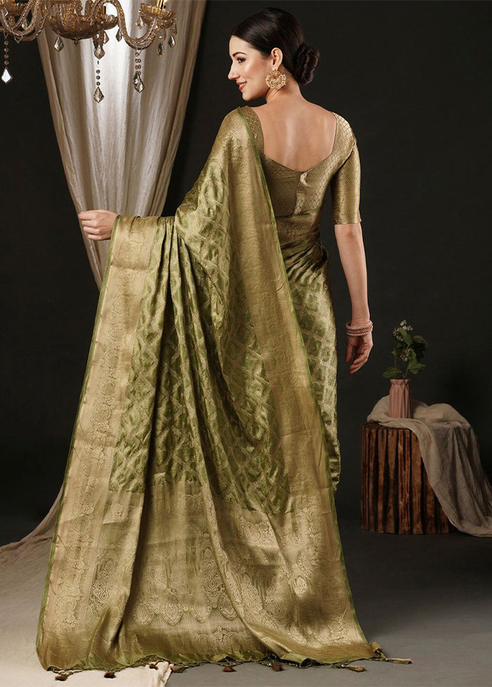 Olive Green Satin Silk Saree With Blouse Piece