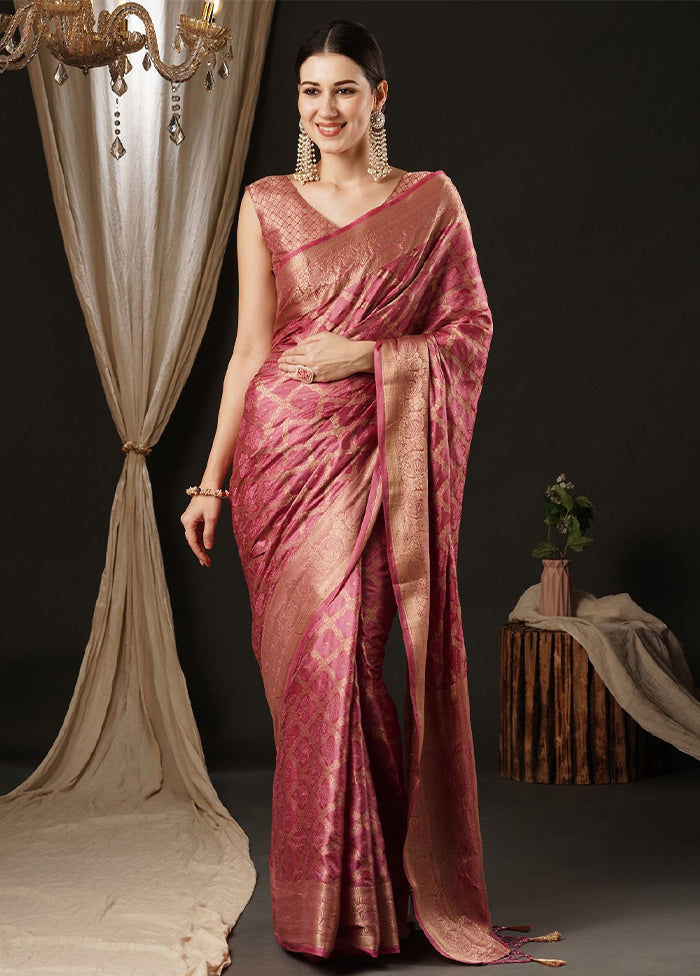 Pink Satin Silk Saree With Blouse Piece