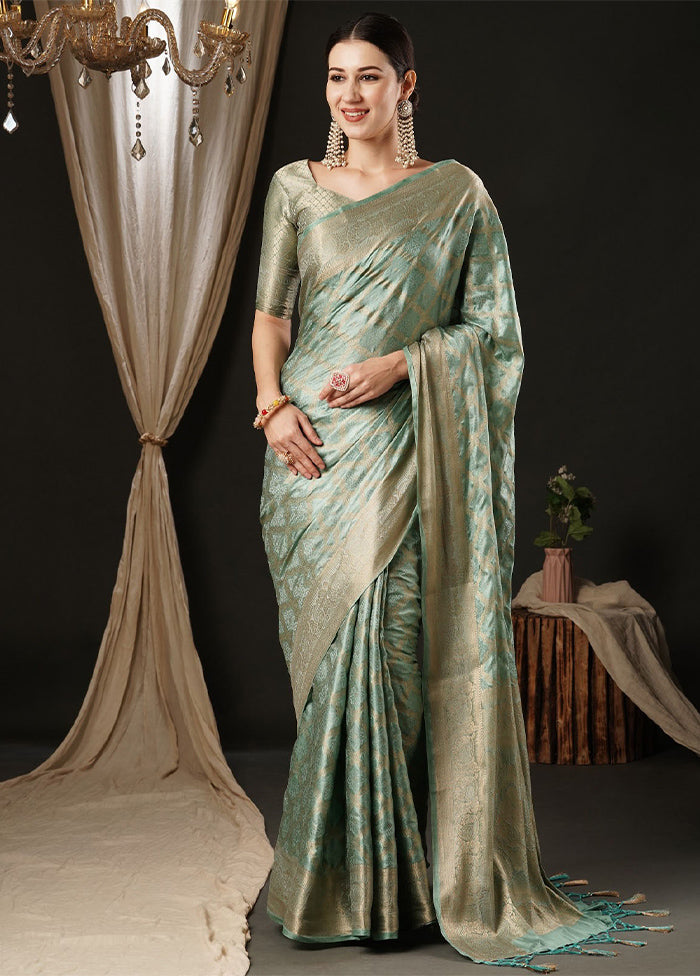 Turquoise Satin Silk Saree With Blouse Piece