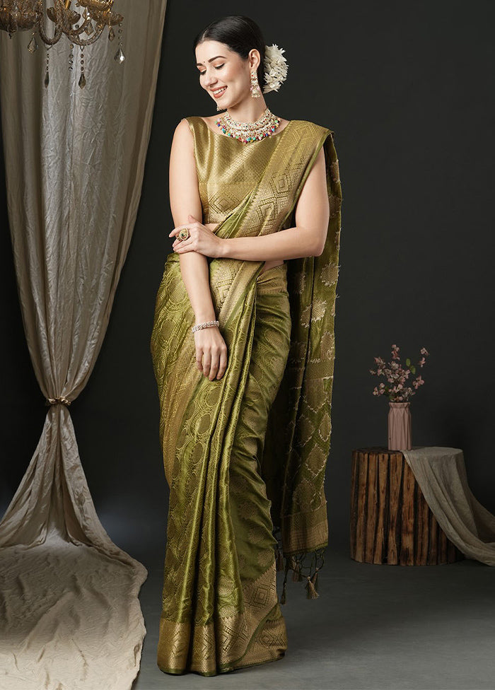 Olive Green Satin Silk Saree With Blouse Piece