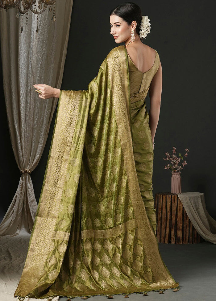 Olive Green Satin Silk Saree With Blouse Piece