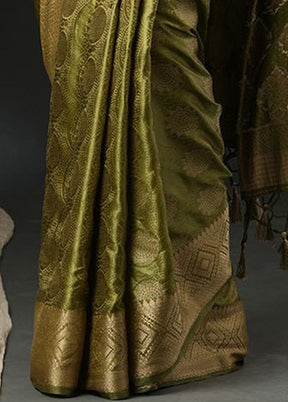 Olive Green Satin Silk Saree With Blouse Piece