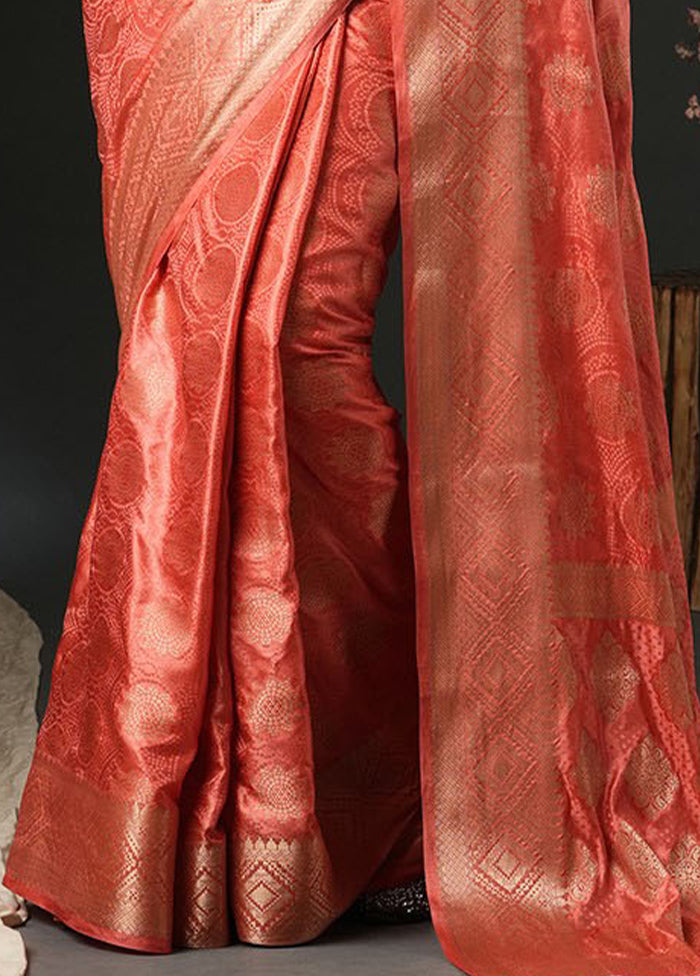 Peach Satin Silk Saree With Blouse Piece