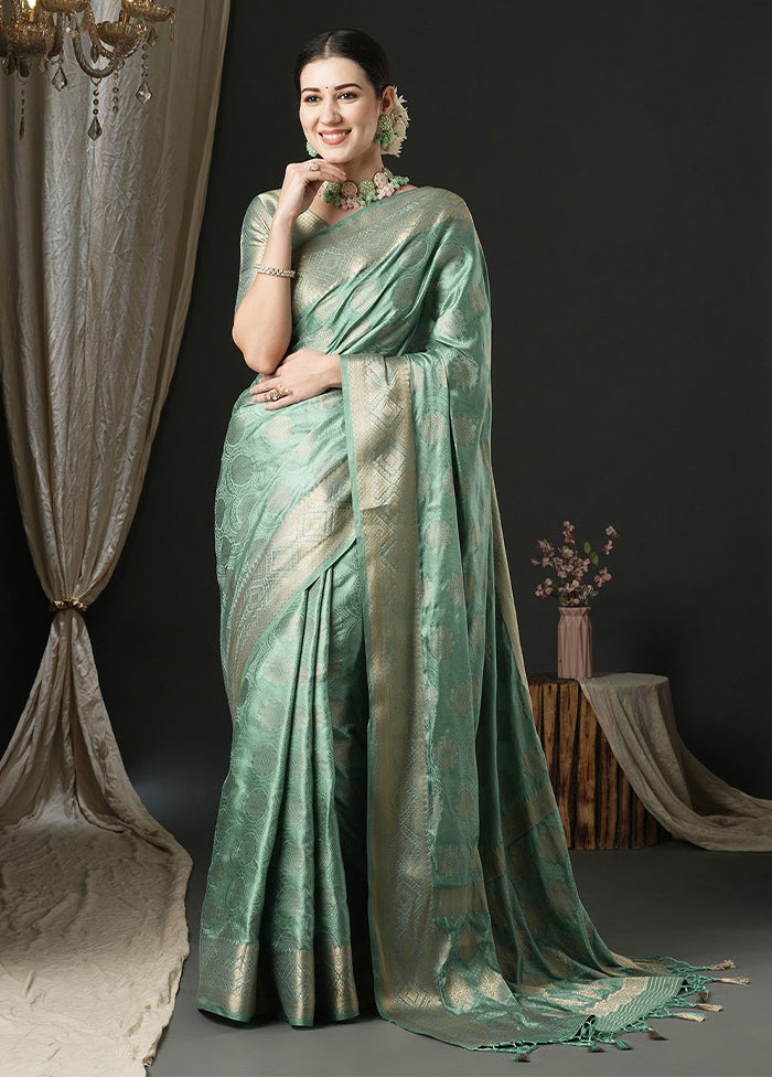 Turquoise Satin Silk Saree With Blouse Piece