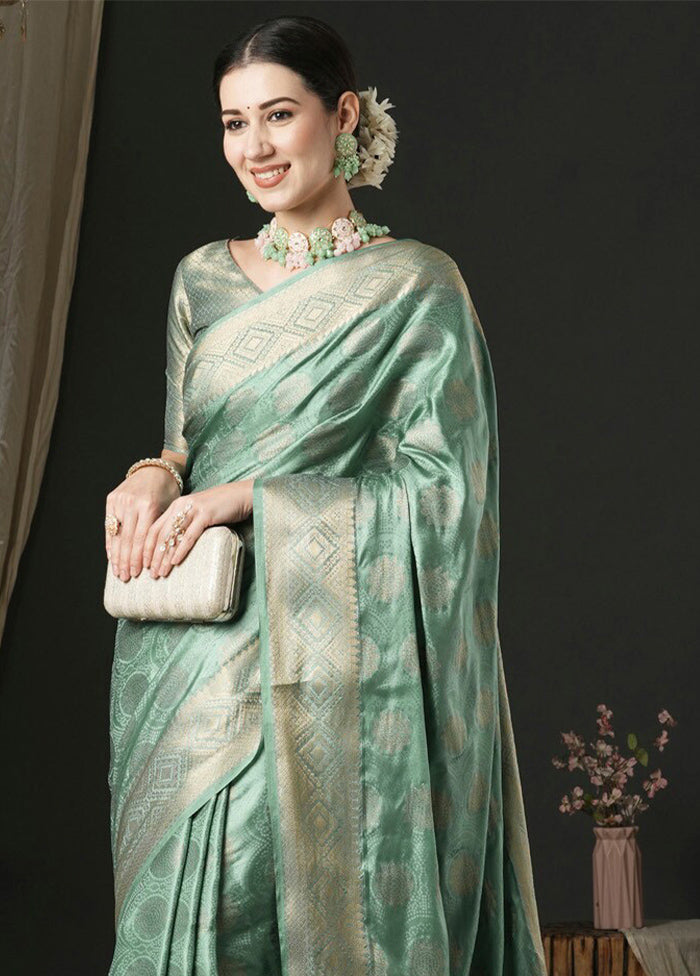 Turquoise Satin Silk Saree With Blouse Piece