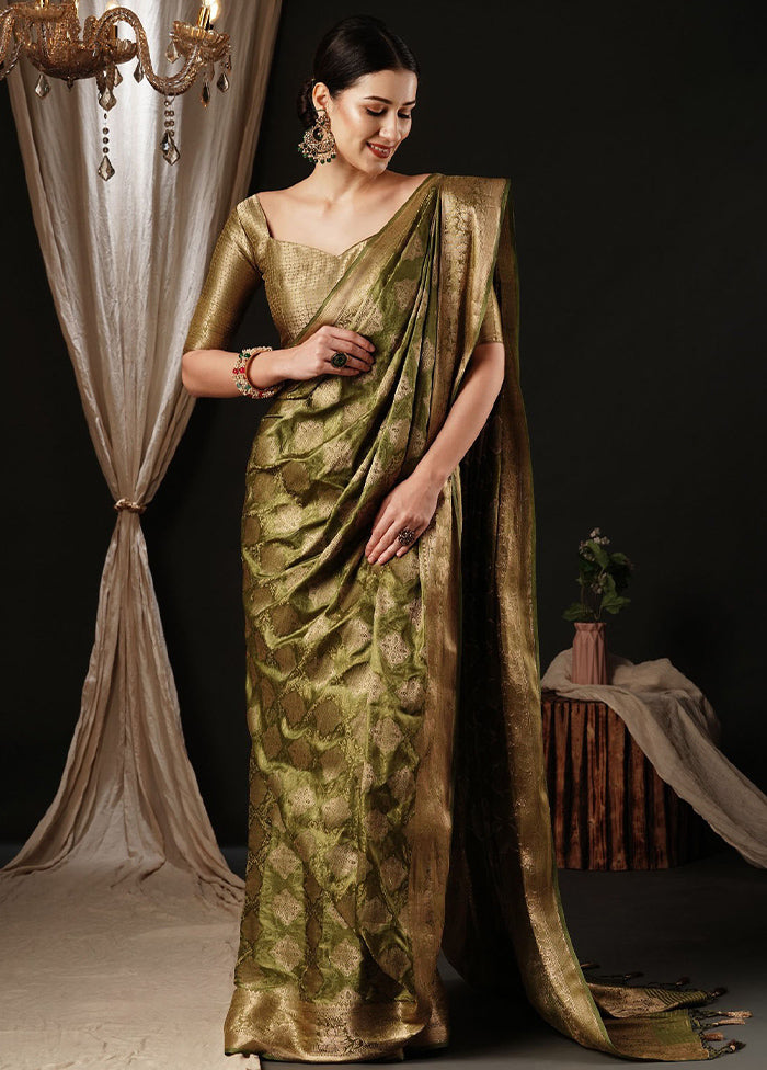 Olive Green Satin Silk Saree With Blouse Piece