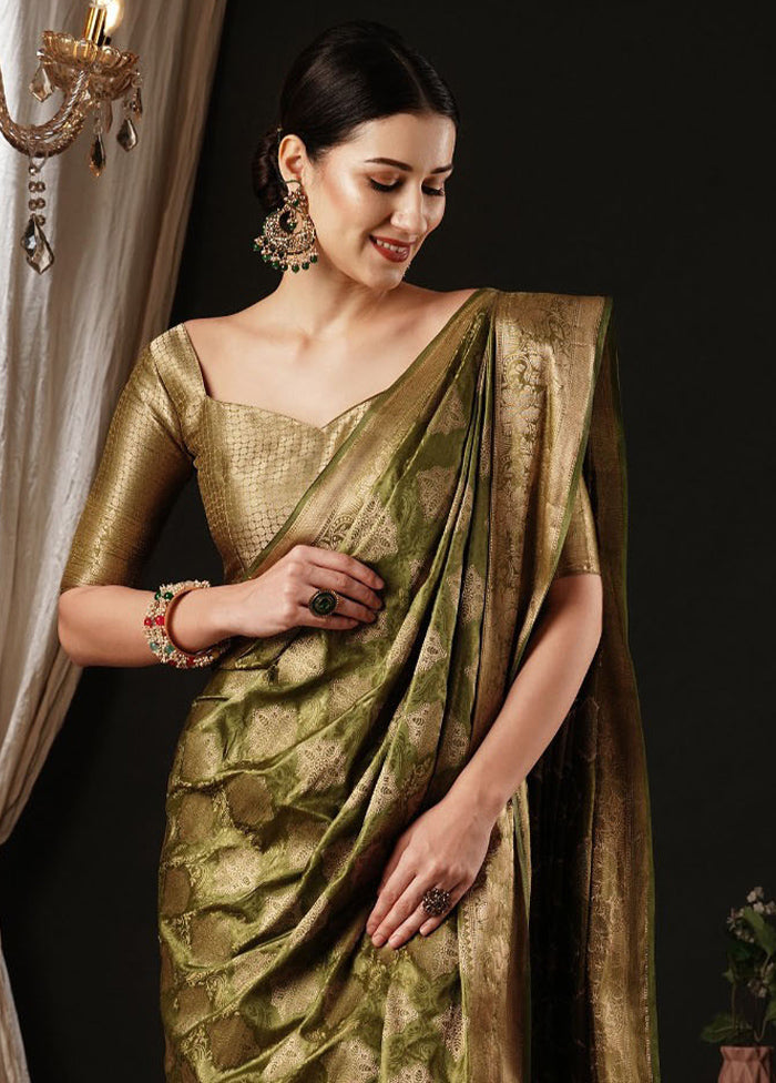 Olive Green Satin Silk Saree With Blouse Piece