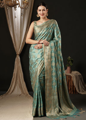 Turquoise Satin Silk Saree With Blouse Piece