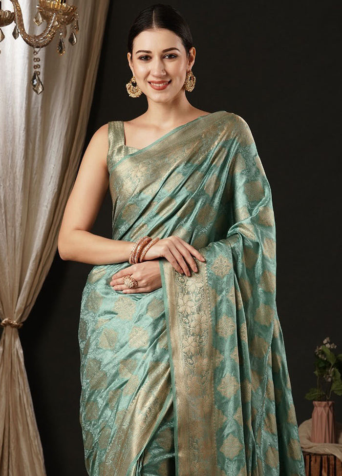 Turquoise Satin Silk Saree With Blouse Piece