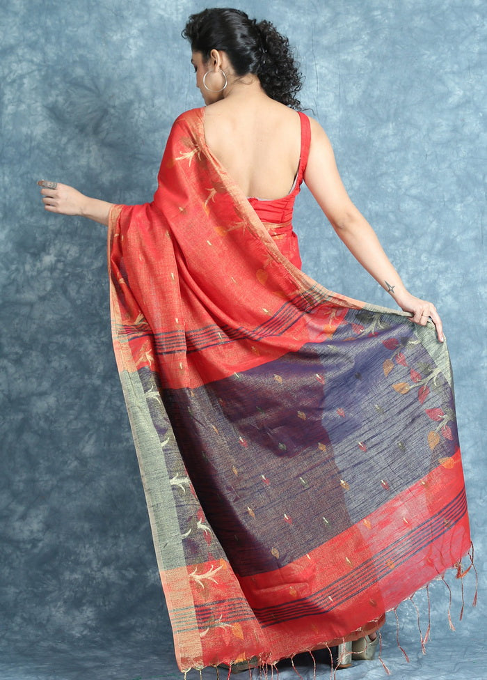 Red Handwoven Cotton Silk Saree With Blouse - Indian Silk House Agencies