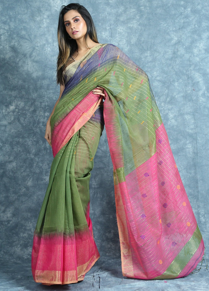 Green Handwoven Cotton Silk Saree With Blouse