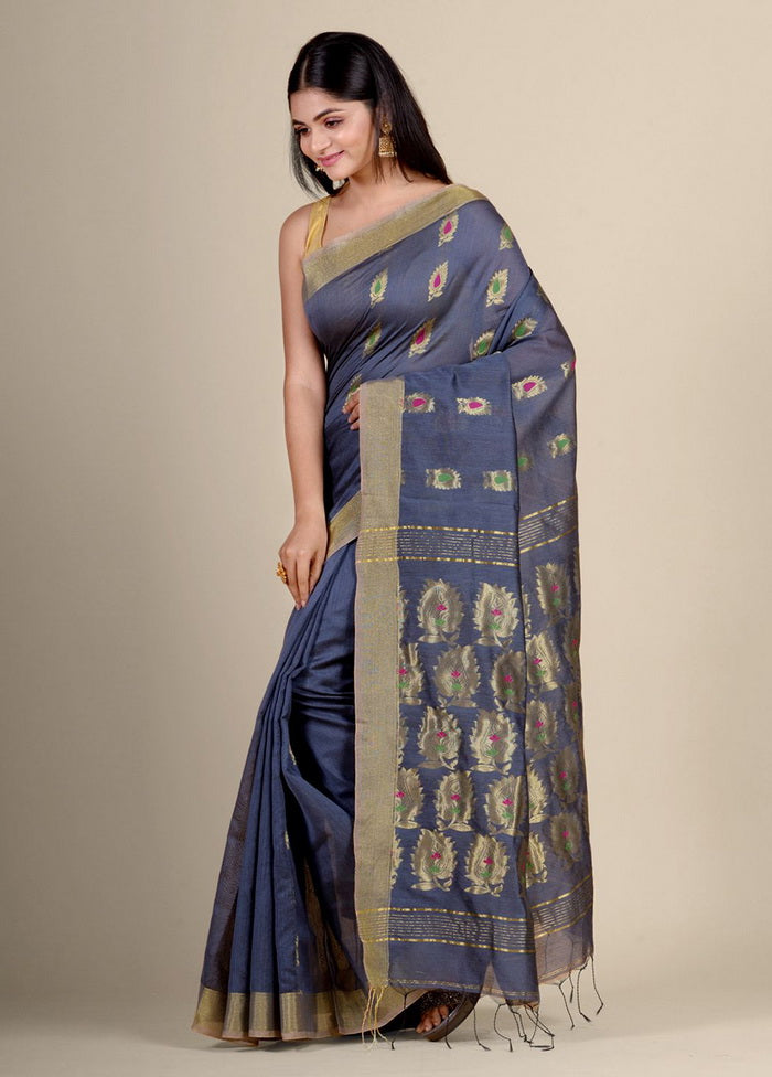 Greyish Blue Blended Cotton Handwoven Saree - Indian Silk House Agencies